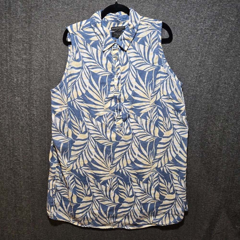 TAHARI Blue Multi Print 100% Linen Sleeveless Collared Shirt Dress Tropical 1X